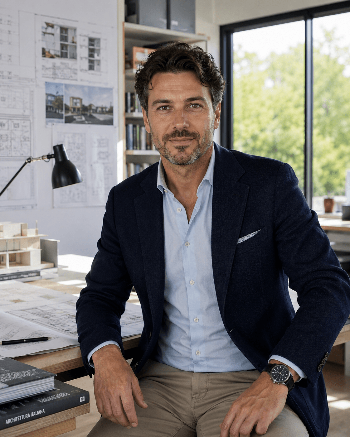 Ritratto di Luca Bianchi nello studio, davanti alle tavole di progetto