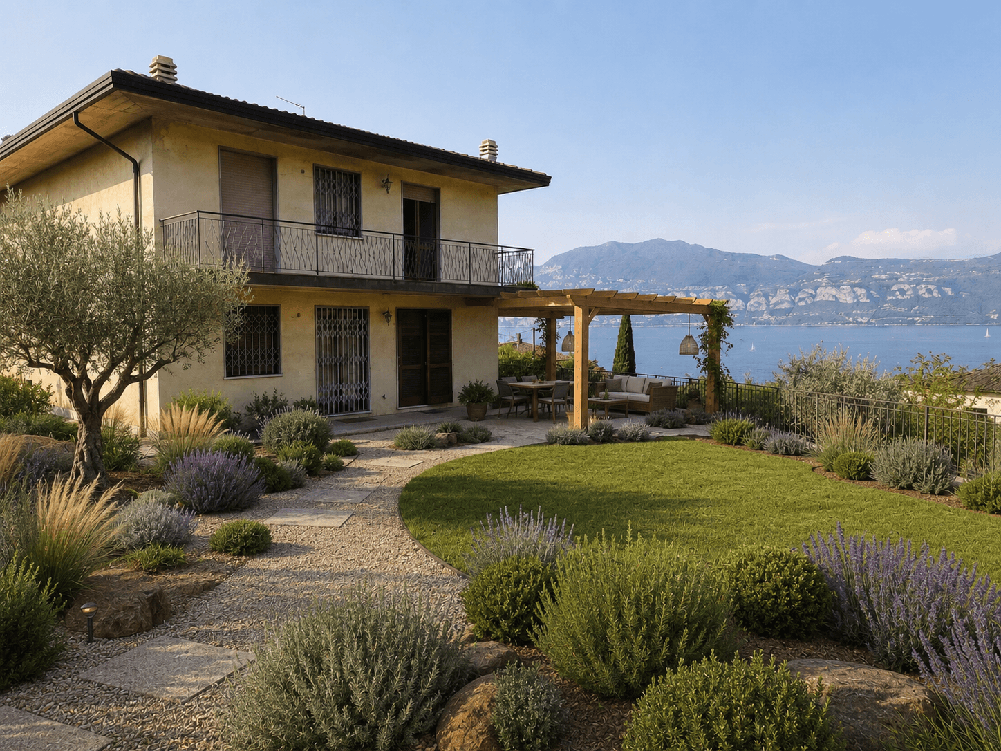Stessa casa a Bardolino dopo l'intervento: giardino mediterraneo con ulivi, lavande e pergola in legno