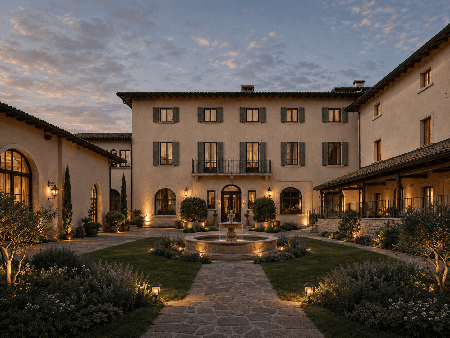 Boutique hotel in Valpolicella dopo: corte verde con fontana centrale e illuminazione radente al crepuscolo